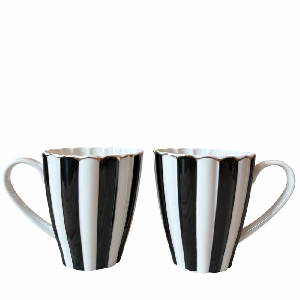 Grace Teaware Porcelain Black Striped Tea | Coffee Mug Set of 2 Gold Accents New